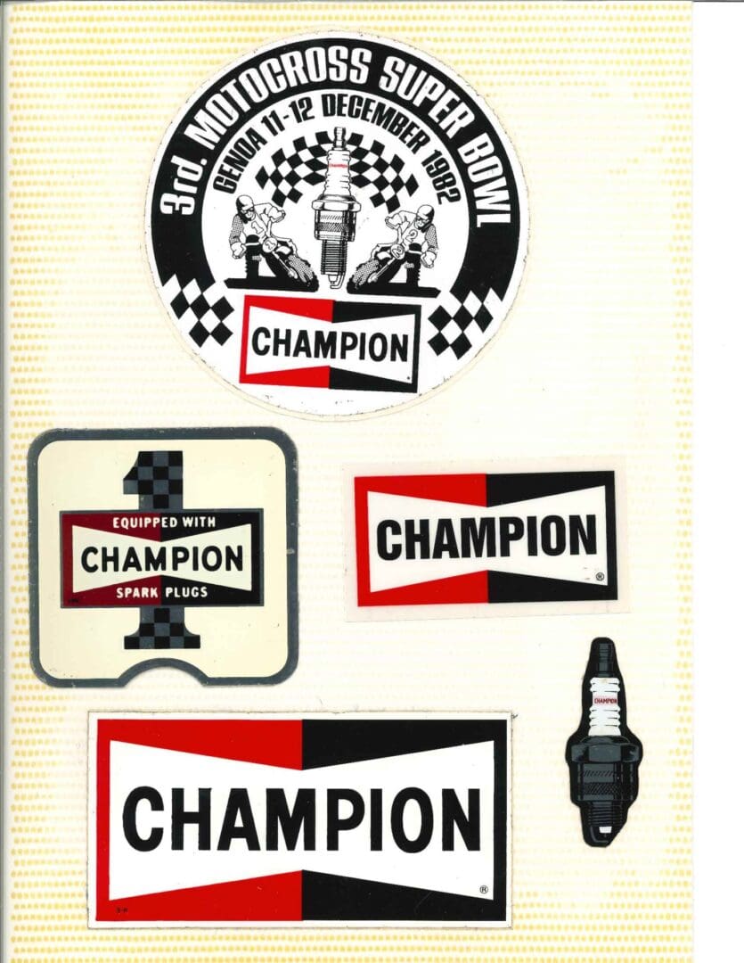 A set of stickers with the word champion on them.