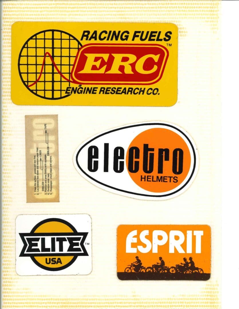 A collection of racing fuels stickers.
