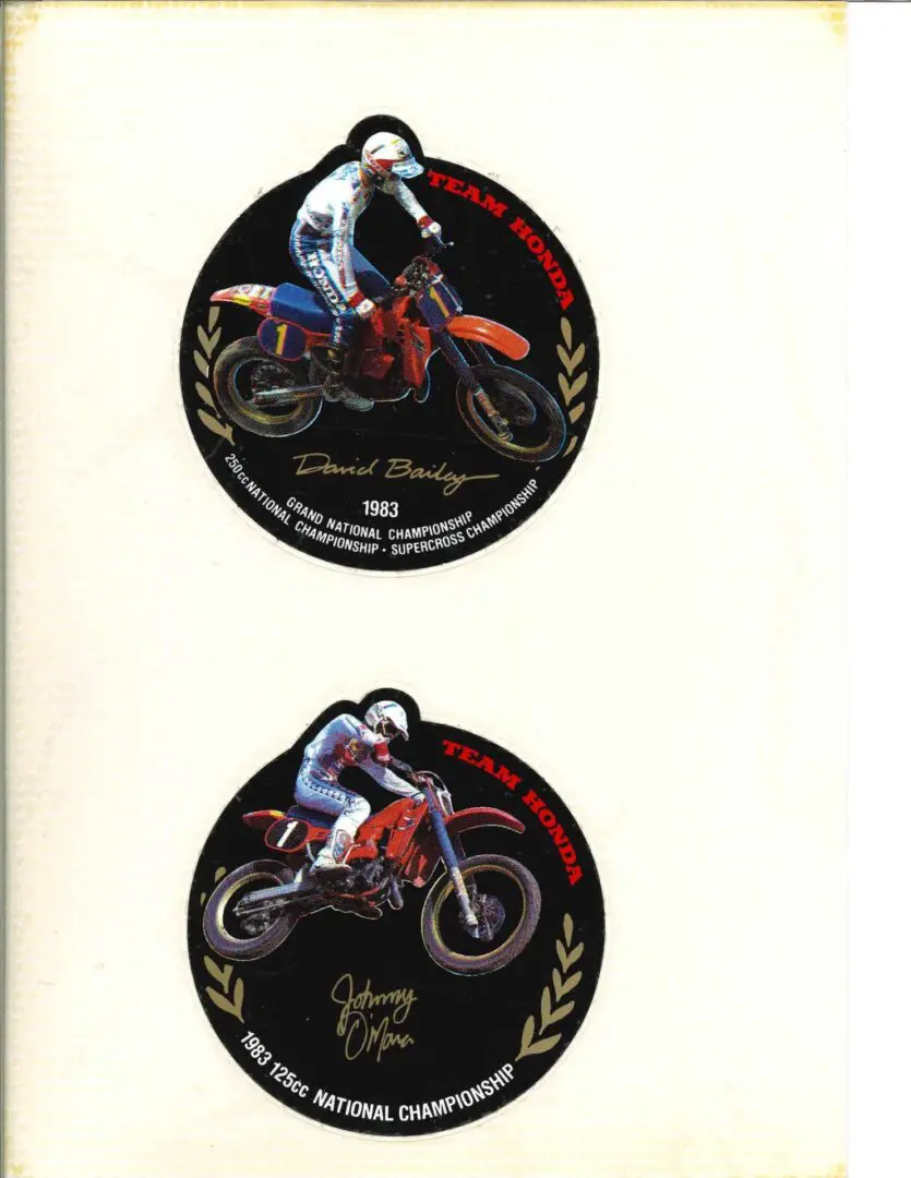 A pair of stickers with two motorcycles on them.
