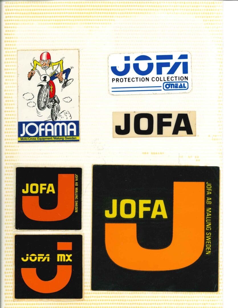 Jofa logos and stickers on a white background.