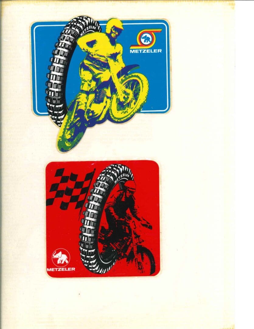 A set of stickers featuring a dirt bike rider and a tire.