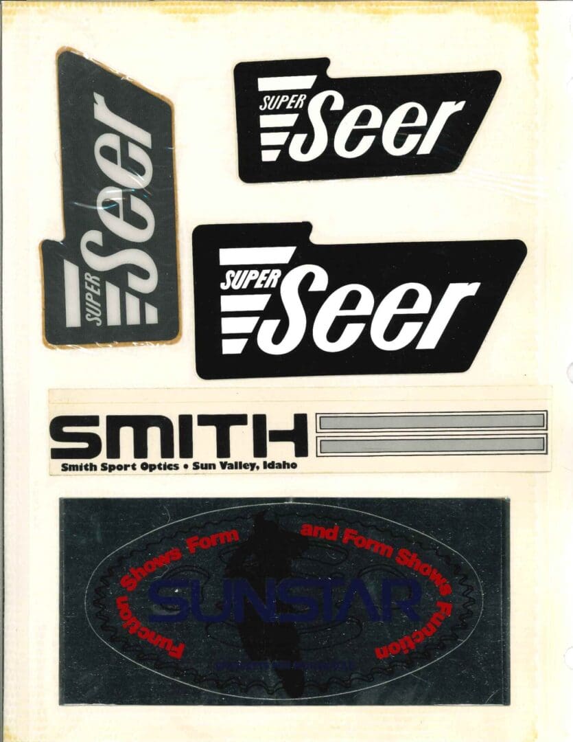 A sheet of stickers with the words super seer and smith.