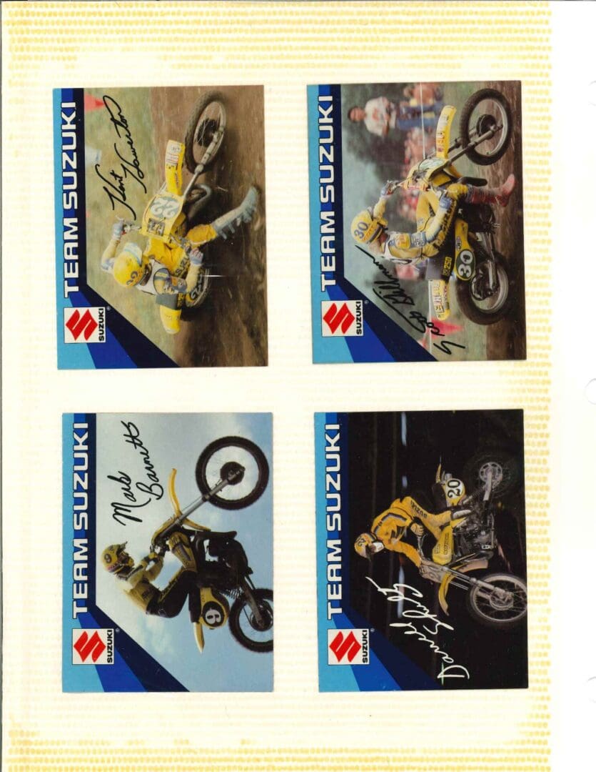 A set of stamps with four motorcycles on them.