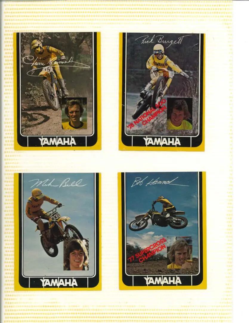 Four yamaha motocross cards are shown on a yellow background.