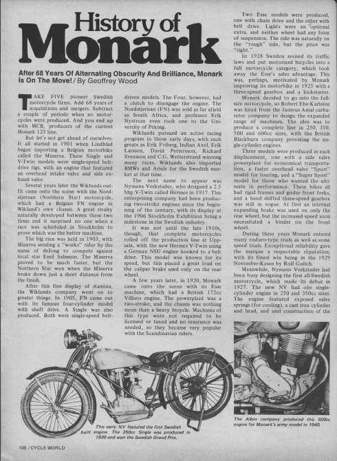 A vintage newspaper article chronicling the history of Monark through interviews and articles.