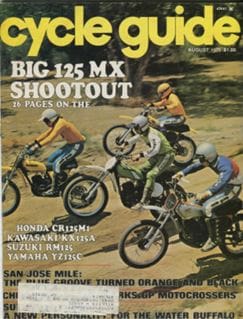 The Jones MX Collection 125 Shootouts cover of Cycle Guide magazine featuring people riding motorcycles.