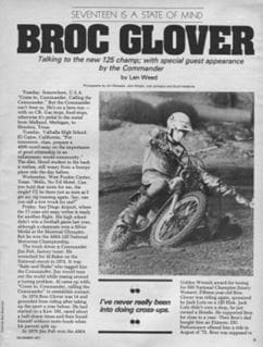 A vintage newspaper featuring interviews and articles, including a captivating picture of a man riding a dirt bike.