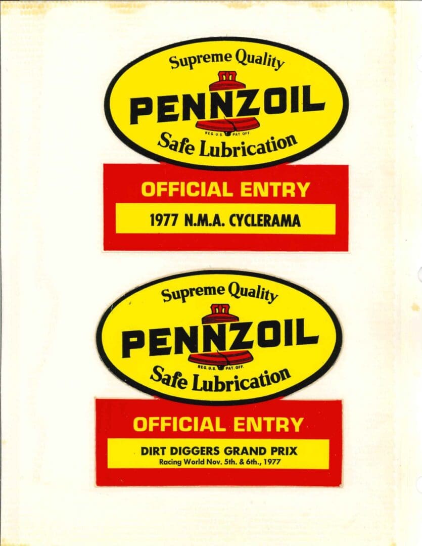 Pennzoil official entry stickers.