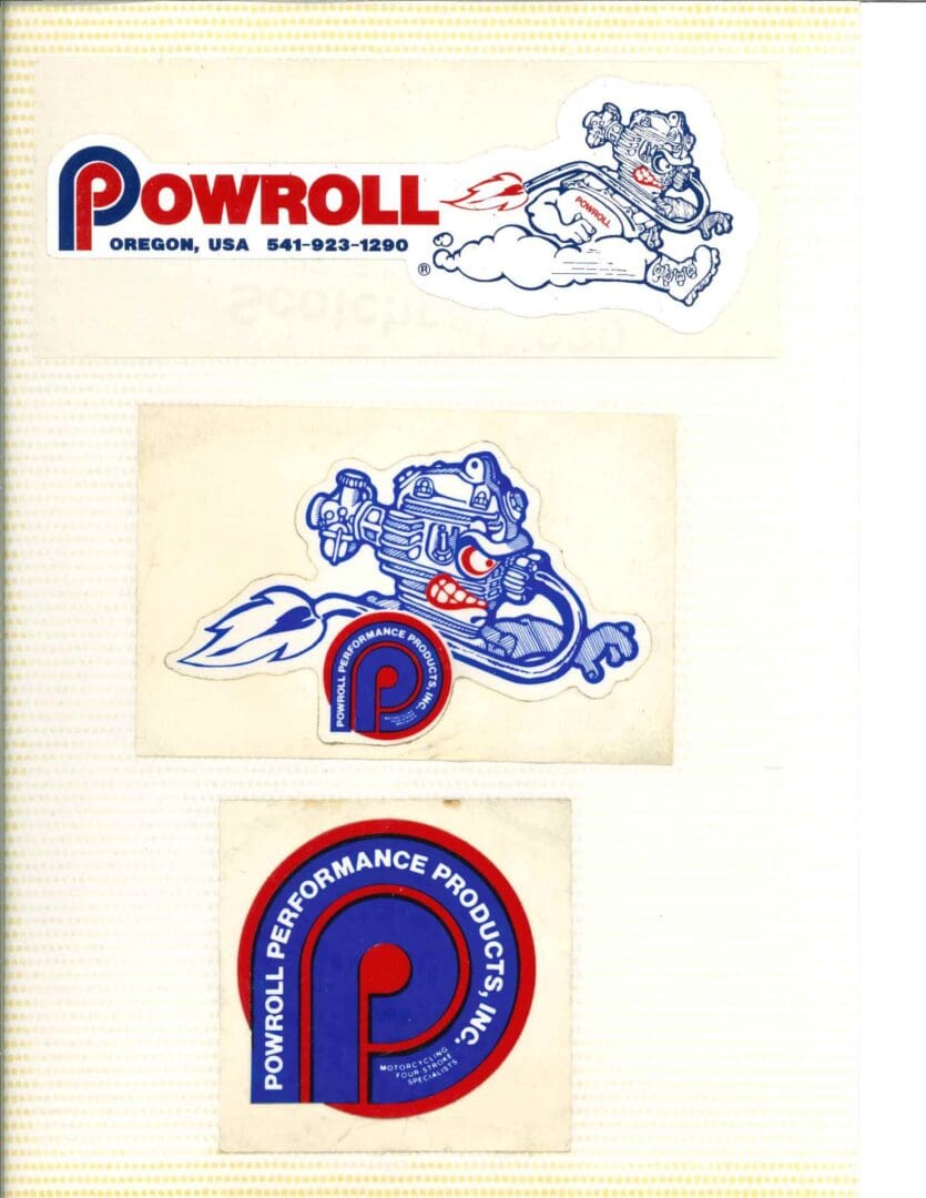A set of stickers with the word powroll on them.