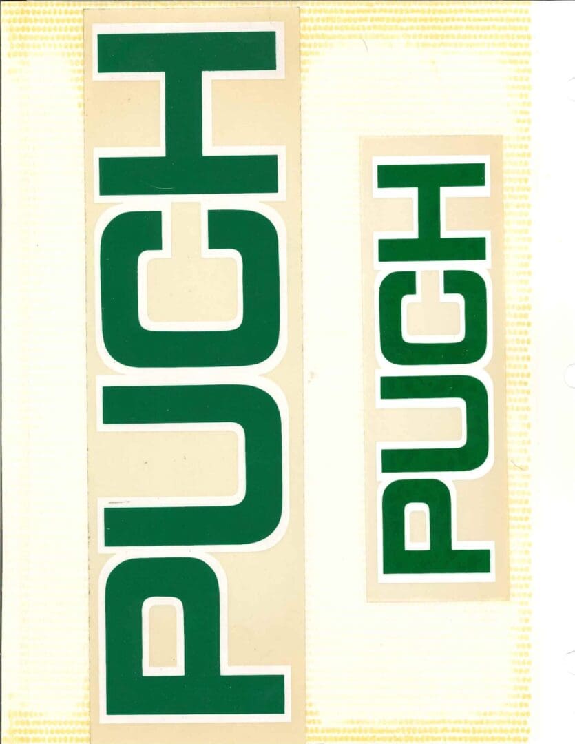 A green and white sticker with the word punch on it.