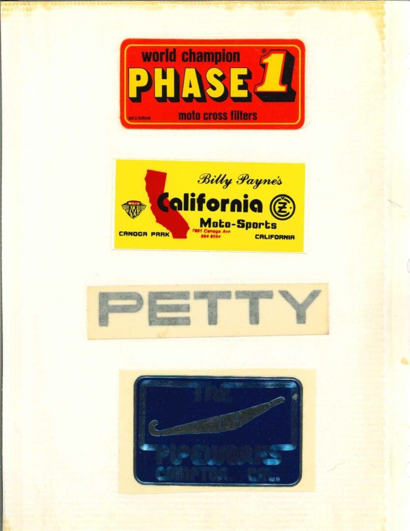 A collection of stickers with the words petty california and phase 1.