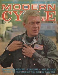 The cover of modern cycle magazine with a man wearing a Vintage helmet.