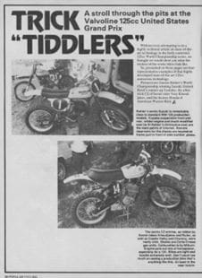 A vintage newspaper ad with pictures of motorcycles and tiddlers, alongside interviews and articles.