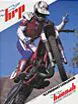 The cover of a motorcycle magazine featuring a man riding a vintage dirt bike.