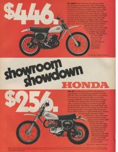 A vintage Honda ad featuring two motorcycles for sale.