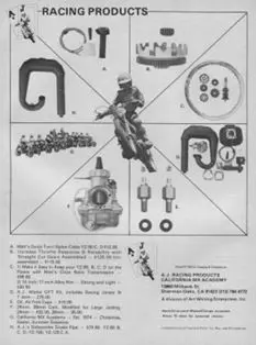 A vintage black and white ad showcasing racing products with interviews and articles.
