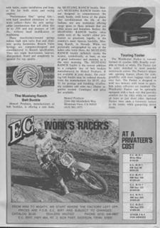 A vintage page from a magazine featuring an article and interviews about dirt bikes.