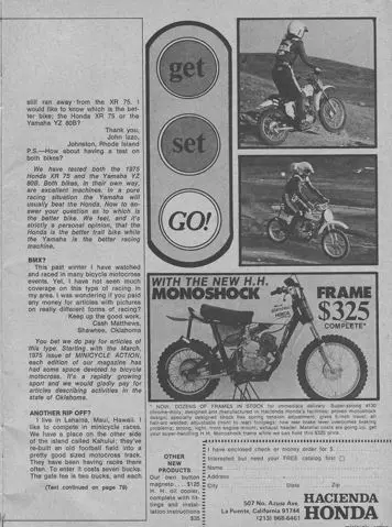 A vintage black and white advertisement featuring a classic Honda dirt bike.