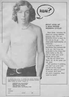 A vintage newspaper ad featuring a shirtless man with a speech bubble, showcasing interviews and articles.