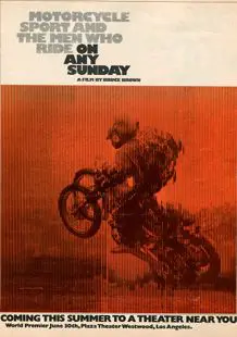 A vintage poster for a motorcycle race on a sunny day, featuring interviews and articles.