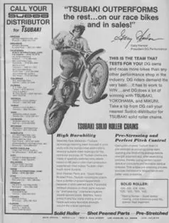 A vintage black and white advertisement for a motocross rider featuring interviews and articles.