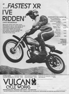 A vintage motorcycle advertisement for Vulcan Cycle Works featuring interviews and articles.
