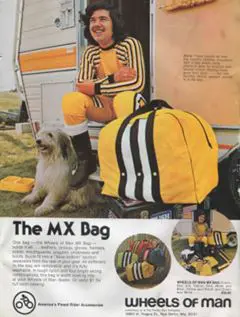 A vintage advertisement for the mx bag featuring interviews and articles.